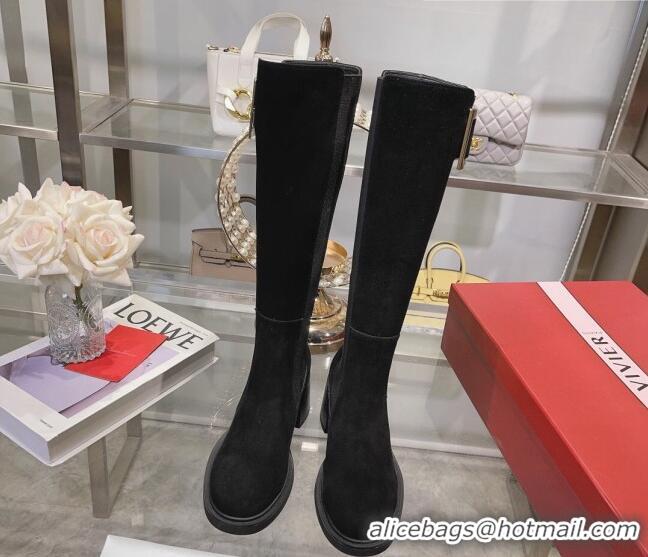 Trendy Design Roger Vivier Viv' Rangers Metal Buckle High Chelsea Boots 6cm in Suede Black 091191