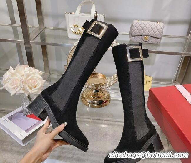 Trendy Design Roger Vivier Viv' Rangers Metal Buckle High Chelsea Boots 6cm in Suede Black 091191