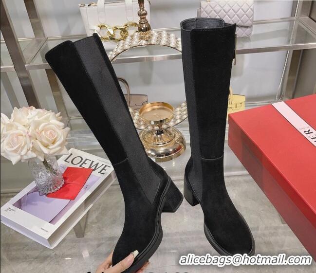 Trendy Design Roger Vivier Viv' Rangers Metal Buckle High Chelsea Boots 6cm in Suede Black 091191