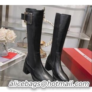 Sophisticated Roger Vivier Viv' Rangers Metal Buckle High Chelsea Boots 6cm in Leather Black 091192