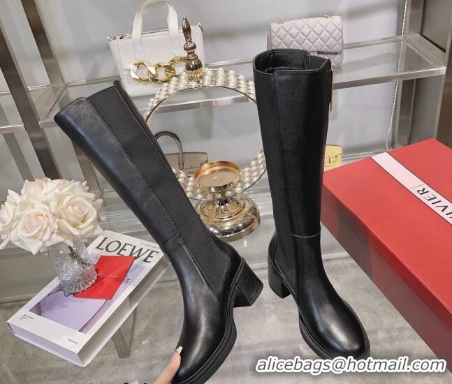 Sophisticated Roger Vivier Viv' Rangers Metal Buckle High Chelsea Boots 6cm in Leather Black 091192