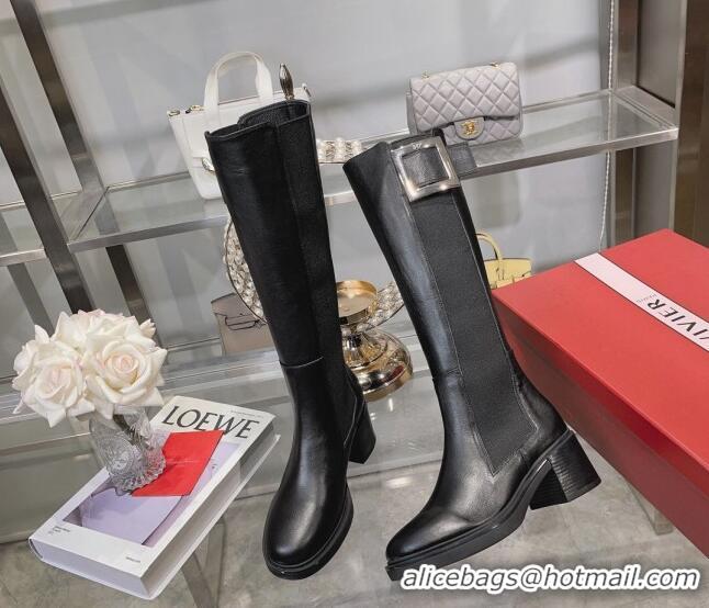 Sophisticated Roger Vivier Viv' Rangers Metal Buckle High Chelsea Boots 6cm in Leather Black 091192