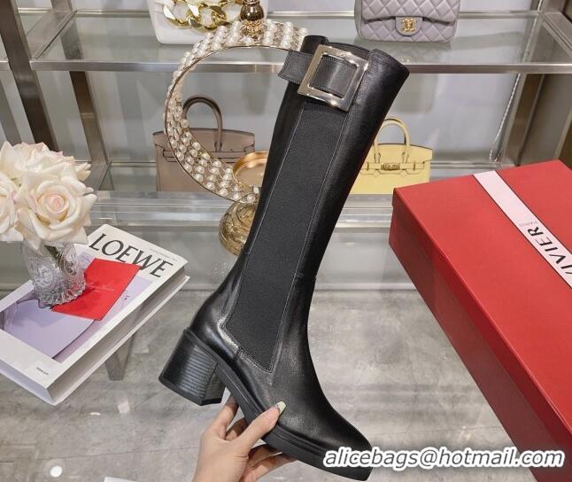 Sophisticated Roger Vivier Viv' Rangers Metal Buckle High Chelsea Boots 6cm in Leather Black 091192