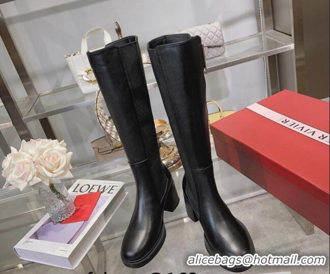 Sophisticated Roger Vivier Viv' Rangers Metal Buckle High Chelsea Boots 6cm in Leather Black 091192