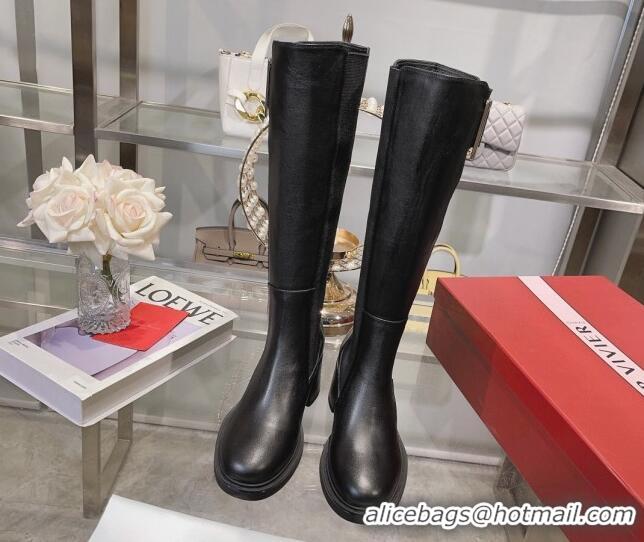 Sophisticated Roger Vivier Viv' Rangers Metal Buckle High Chelsea Boots 6cm in Leather Black 091192