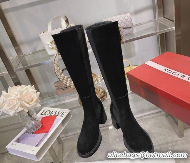 SumptuousRoger Vivier Viv' Rangers Strass Buckle High Chelsea Boots 6cm in Suede Black 091193