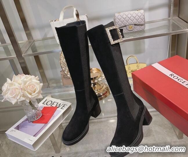 SumptuousRoger Vivier Viv' Rangers Strass Buckle High Chelsea Boots 6cm in Suede Black 091193