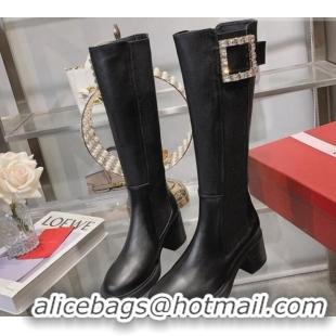 Lower Price Roger Vivier Viv' Rangers Strass Buckle High Chelsea Boots 6cm in Leather Black 091194 