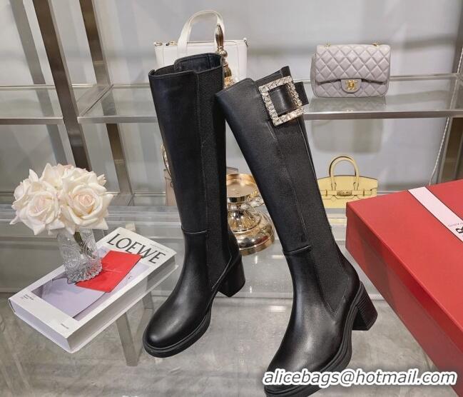 Lower Price Roger Vivier Viv' Rangers Strass Buckle High Chelsea Boots 6cm in Leather Black 091194 