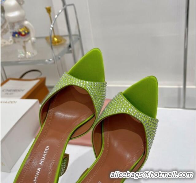 Pretty Style Amina Muaddi Caroline Crystal Heeled Slide Sandals in Satin 9.5cm Green 020604