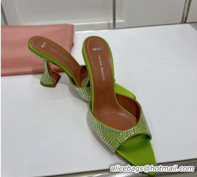 Pretty Style Amina Muaddi Caroline Crystal Heeled Slide Sandals in Satin 9.5cm Green 020604