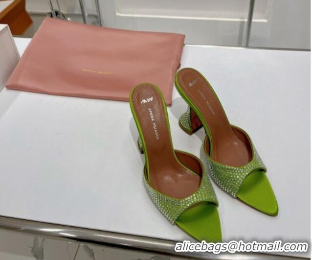 Pretty Style Amina Muaddi Caroline Crystal Heeled Slide Sandals in Satin 9.5cm Green 020604