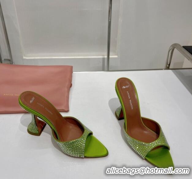 Pretty Style Amina Muaddi Caroline Crystal Heeled Slide Sandals in Satin 9.5cm Green 020604