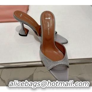 Top Grade Amina Muaddi Caroline Crystal Heeled Slide Sandals in Satin 9.5cm Light Grey 020606