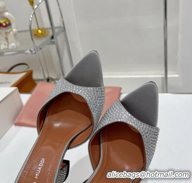 Top Grade Amina Muaddi Caroline Crystal Heeled Slide Sandals in Satin 9.5cm Light Grey 020606