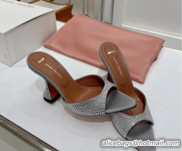 Top Grade Amina Muaddi Caroline Crystal Heeled Slide Sandals in Satin 9.5cm Light Grey 020606