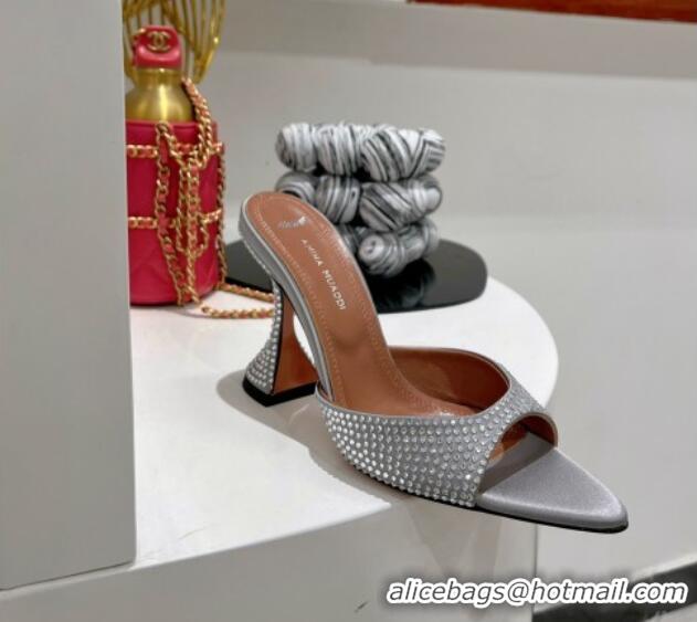 Top Grade Amina Muaddi Caroline Crystal Heeled Slide Sandals in Satin 9.5cm Light Grey 020606