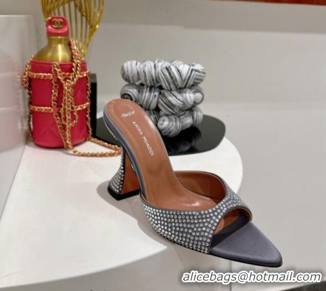 Discount Amina Muaddi Caroline Crystal Heeled Slide Sandals in Satin 9.5cm Dark Grey 020607