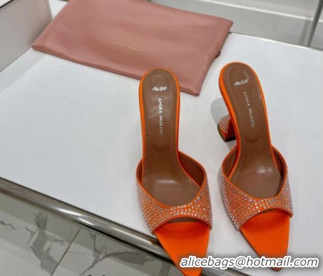 Good Quality Amina Muaddi Caroline Crystal Heeled Slide Sandals in Satin 9.5cm Orange 020608