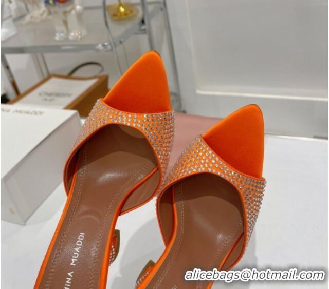 Good Quality Amina Muaddi Caroline Crystal Heeled Slide Sandals in Satin 9.5cm Orange 020608