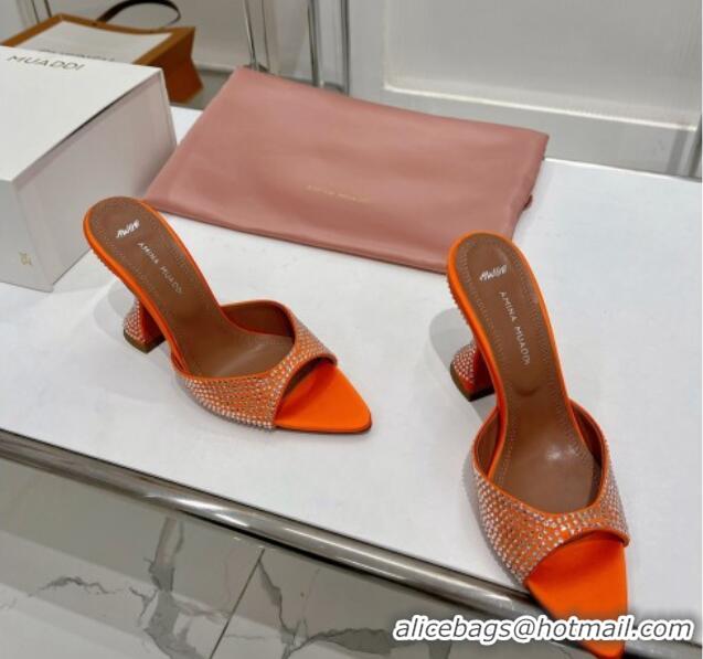 Good Quality Amina Muaddi Caroline Crystal Heeled Slide Sandals in Satin 9.5cm Orange 020608