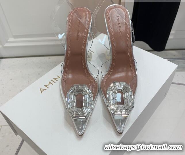 Shop Duplicate Amina Muaddi Camelia TPU Slingback Pumps 9.5cm with Rectangular Crystal White 331024