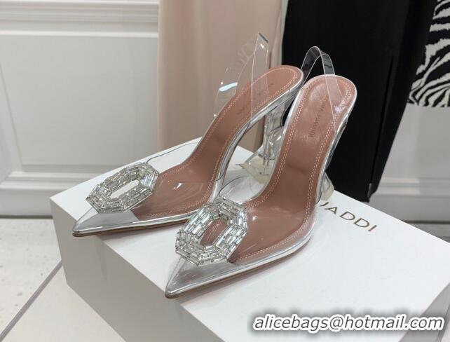 Shop Duplicate Amina Muaddi Camelia TPU Slingback Pumps 9.5cm with Rectangular Crystal White 331024