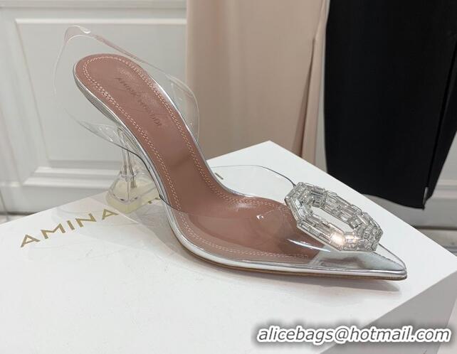 Shop Duplicate Amina Muaddi Camelia TPU Slingback Pumps 9.5cm with Rectangular Crystal White 331024