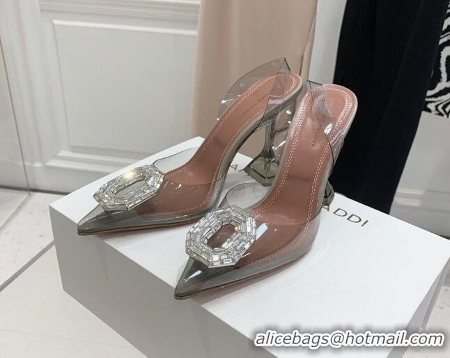 Popular Style Amina Muaddi Camelia TPU Slingback Pumps 9.5cm with Rectangular Crystal Light Grey 331025