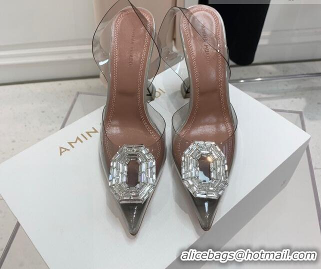 Popular Style Amina Muaddi Camelia TPU Slingback Pumps 9.5cm with Rectangular Crystal Light Grey 331025