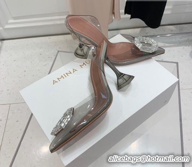 Popular Style Amina Muaddi Camelia TPU Slingback Pumps 9.5cm with Rectangular Crystal Light Grey 331025