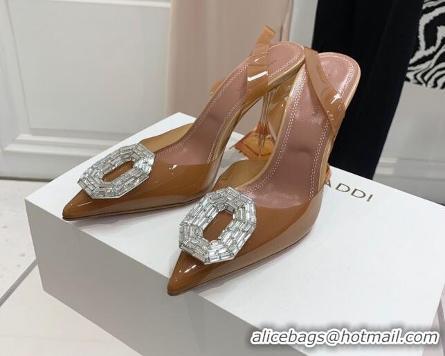 Best Price Amina Muaddi Camelia TPU Slingback Pumps 9.5cm with Rectangular Crystal Brown 331026