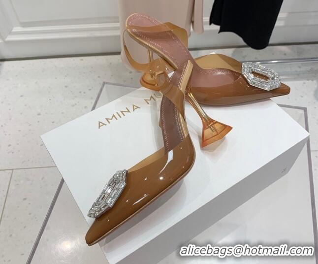 Best Price Amina Muaddi Camelia TPU Slingback Pumps 9.5cm with Rectangular Crystal Brown 331026