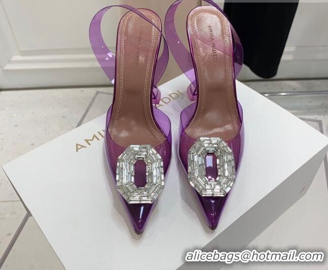 Top Design Amina Muaddi Camelia TPU Slingback Pumps 9.5cm with Rectangular Crystal Purple 331028