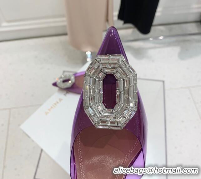 Top Design Amina Muaddi Camelia TPU Slingback Pumps 9.5cm with Rectangular Crystal Purple 331028