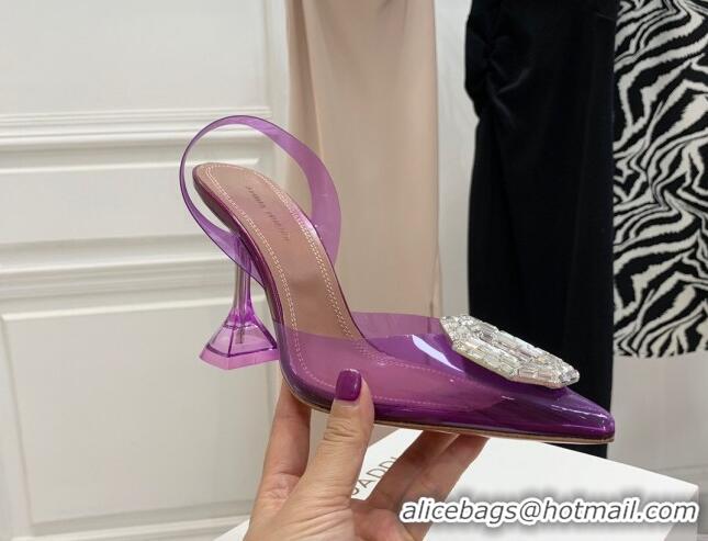 Top Design Amina Muaddi Camelia TPU Slingback Pumps 9.5cm with Rectangular Crystal Purple 331028