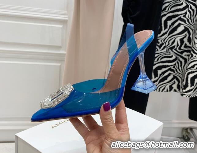 Unique Style Amina Muaddi Camelia TPU Slingback Pumps 9.5cm with Rectangular Crystal Blue 0331029