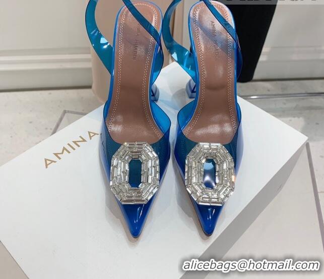 Unique Style Amina Muaddi Camelia TPU Slingback Pumps 9.5cm with Rectangular Crystal Blue 0331029