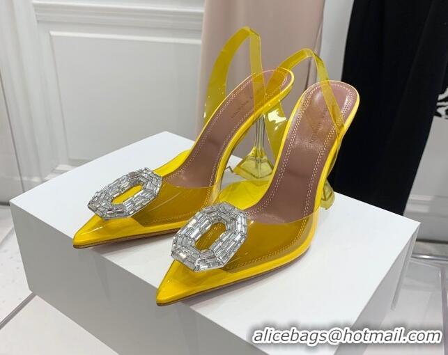 Luxurious Amina Muaddi Camelia TPU Slingback Pumps 9.5cm with Rectangular Crystal Yellow 331033