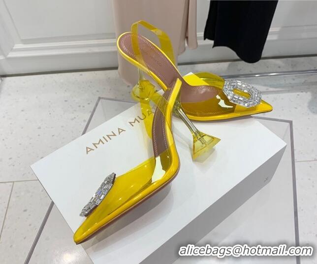 Luxurious Amina Muaddi Camelia TPU Slingback Pumps 9.5cm with Rectangular Crystal Yellow 331033