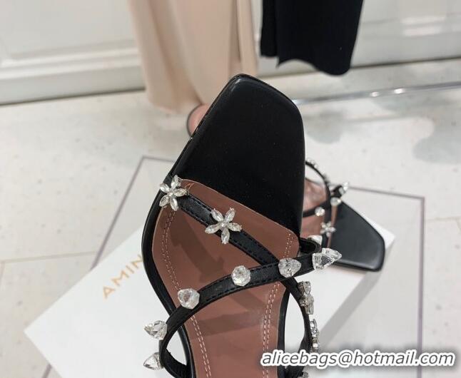 Most Popular Amina Muaddi Lily Lambskin High Heel Sandals 9.5cm with Crystals and Bloom Black 71030