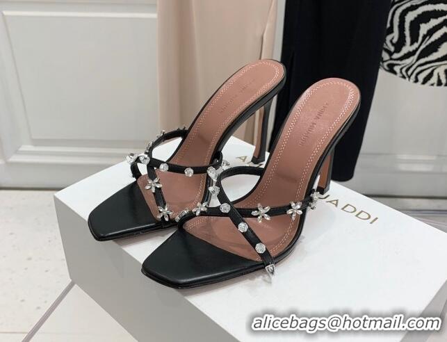 Most Popular Amina Muaddi Lily Lambskin High Heel Sandals 9.5cm with Crystals and Bloom Black 71030