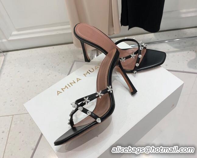 Most Popular Amina Muaddi Lily Lambskin High Heel Sandals 9.5cm with Crystals and Bloom Black 71030