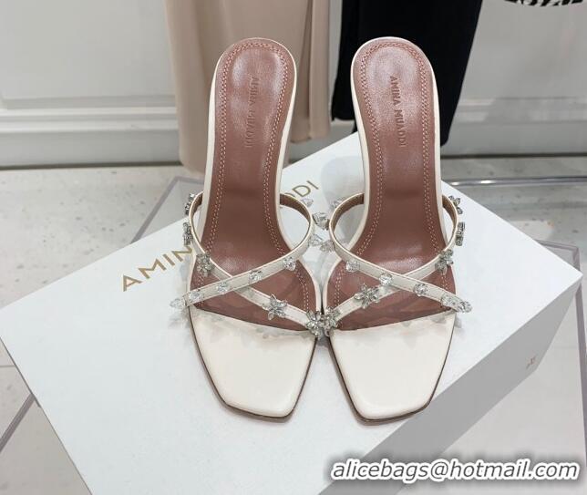 Unique Discount Amina Muaddi Lily Lambskin High Heel Sandals 9.5cm with Crystals and Bloom White 3071031