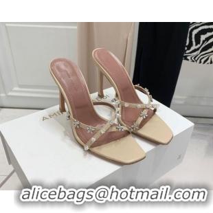 Classic Hot Amina Muaddi Lily Lambskin High Heel Sandals 9.5cm with Crystals and Bloom Beige 071032