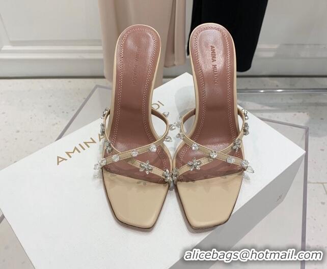 Classic Hot Amina Muaddi Lily Lambskin High Heel Sandals 9.5cm with Crystals and Bloom Beige 071032