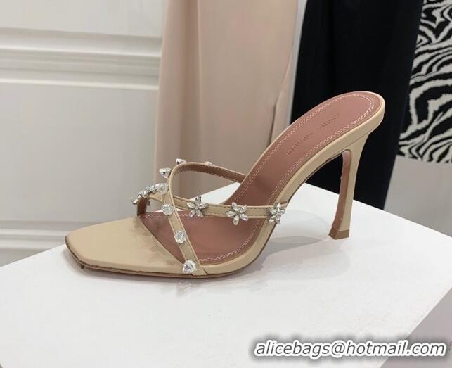 Classic Hot Amina Muaddi Lily Lambskin High Heel Sandals 9.5cm with Crystals and Bloom Beige 071032