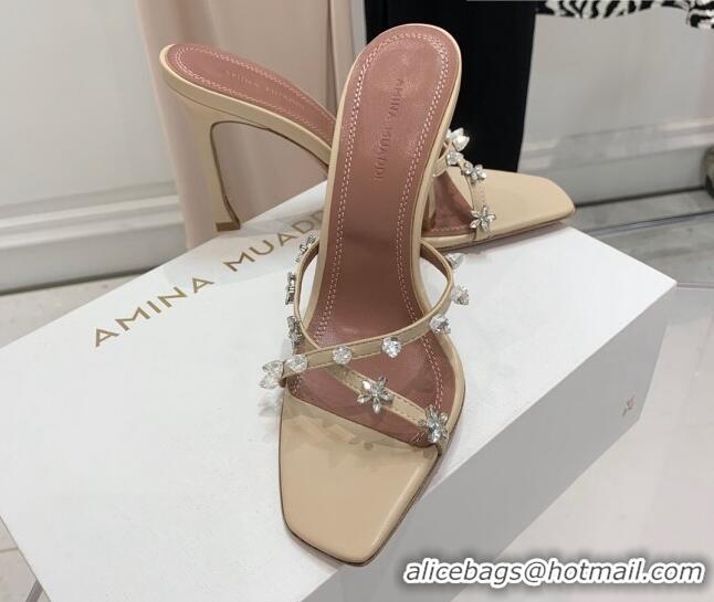 Classic Hot Amina Muaddi Lily Lambskin High Heel Sandals 9.5cm with Crystals and Bloom Beige 071032