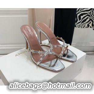 Classic Specials Amina Muaddi Lily Lambskin High Heel Sandals 9.5cm with Crystals and Bloom Silver 071033