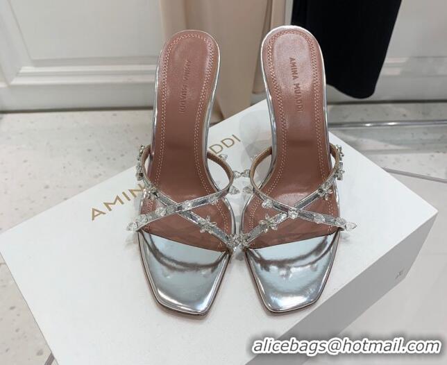 Classic Specials Amina Muaddi Lily Lambskin High Heel Sandals 9.5cm with Crystals and Bloom Silver 071033